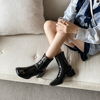 Women Square Toe Block Heels Short Boots