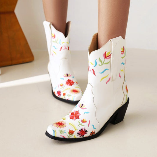 Women Floral Embroidered High Heels Short Boots