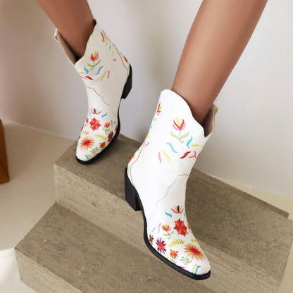 Women Floral Embroidered High Heels Short Boots