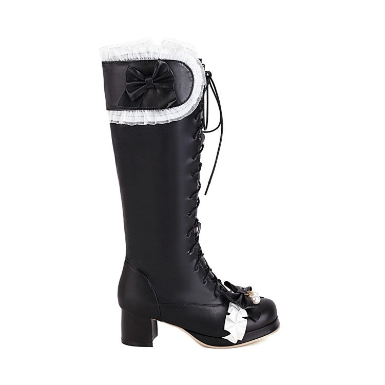 Lace Bows Block Heel Platform Knee-High Boots for Women