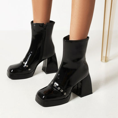 Women Pu Leather Square Toe Side Zippers Block Heel Platform Short Boots