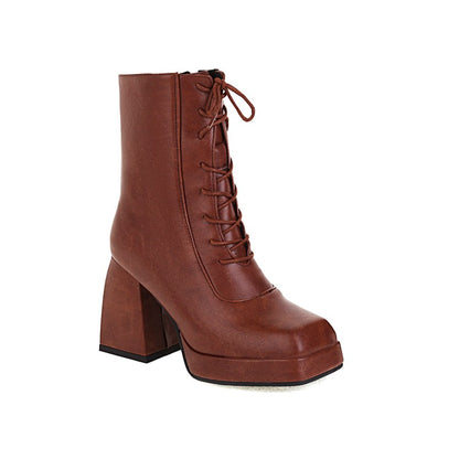 Women Pu Leather Square Toe Lace Up Block Heel Platform Short Boots