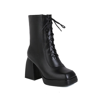 Women Pu Leather Square Toe Lace Up Block Heel Platform Short Boots