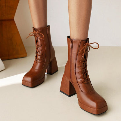 Women Pu Leather Square Toe Lace Up Block Heel Platform Short Boots