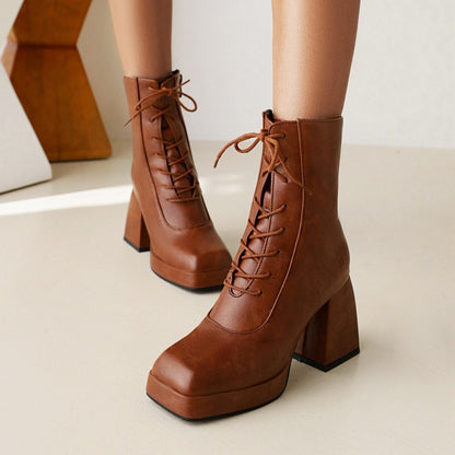 Women Pu Leather Square Toe Lace Up Block Heel Platform Short Boots