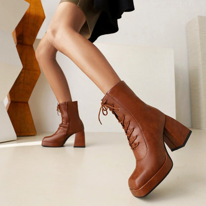 Women Pu Leather Square Toe Lace Up Block Heel Platform Short Boots