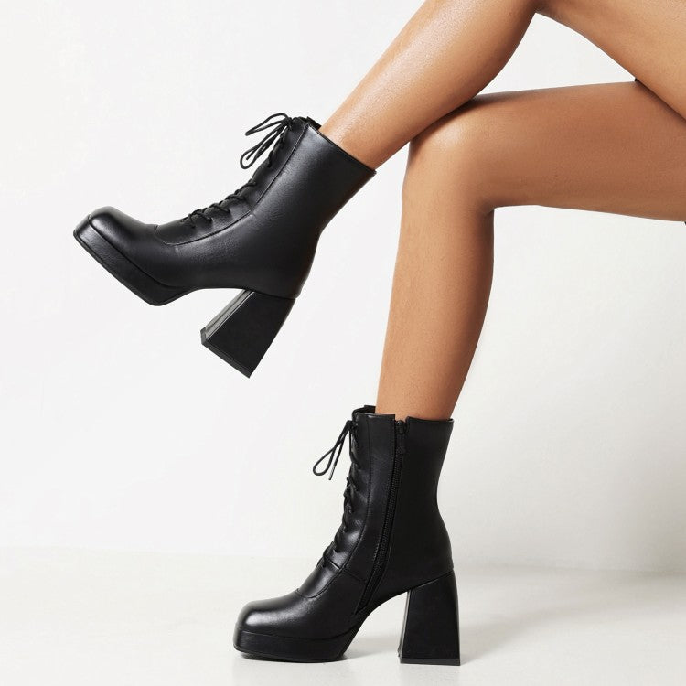 Women Pu Leather Square Toe Lace Up Block Heel Platform Short Boots