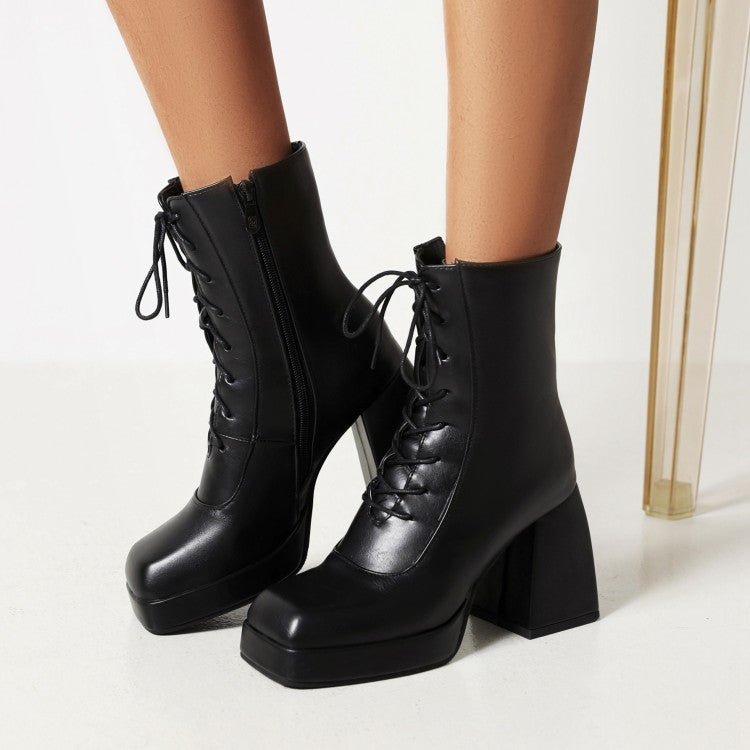 Women Pu Leather Square Toe Lace Up Block Heel Platform Short Boots