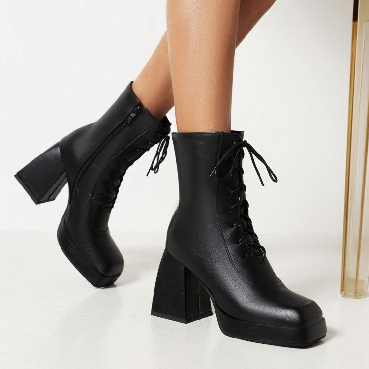 Women Pu Leather Square Toe Lace Up Block Heel Platform Short Boots