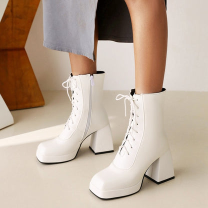 Women Pu Leather Square Toe Lace Up Block Heel Platform Short Boots