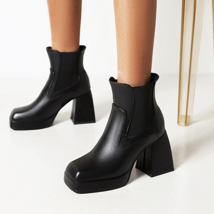 Women Pu Leather Square Toe Patchwork Block Heel Platform Short Boots