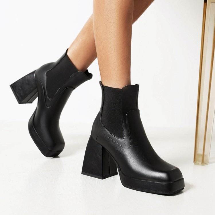 Women Pu Leather Square Toe Patchwork Block Heel Platform Short Boots