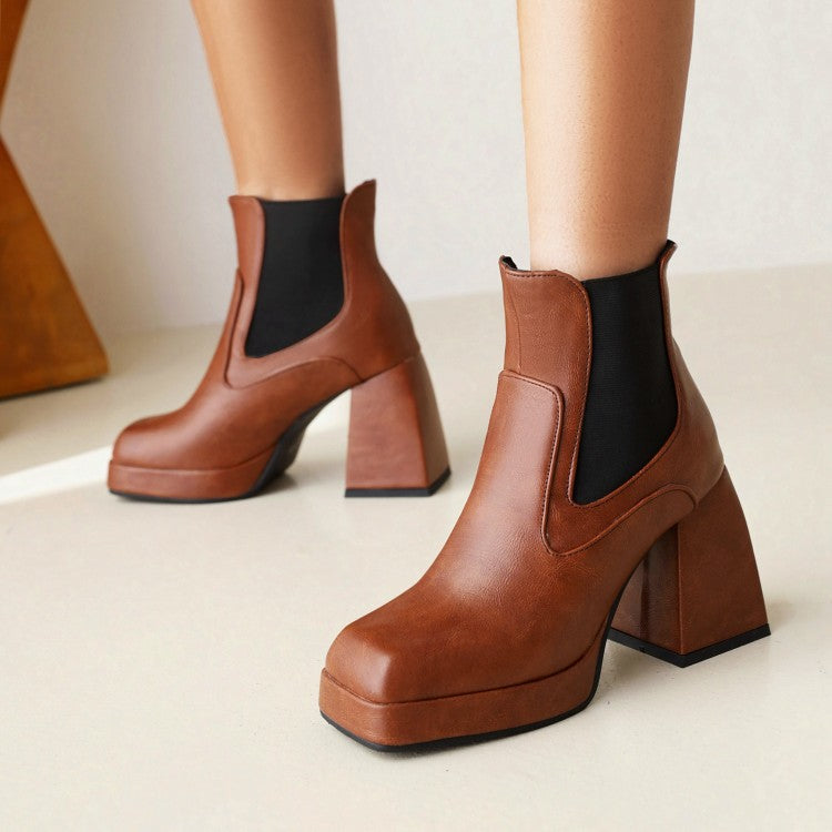 Women Pu Leather Square Toe Patchwork Block Heel Platform Short Boots