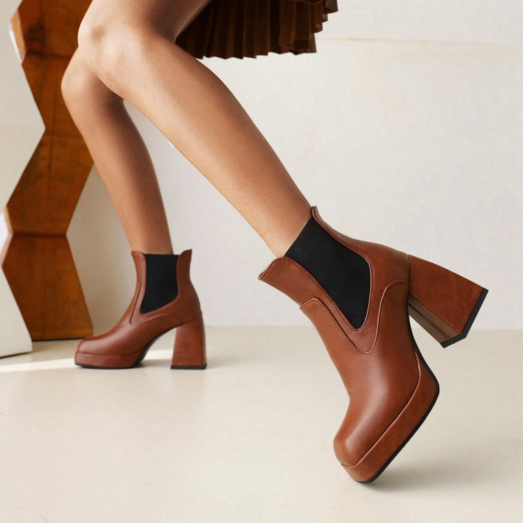 Women Pu Leather Square Toe Patchwork Block Heel Platform Short Boots