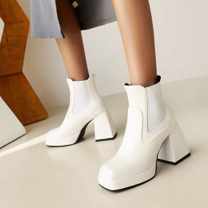 Women Pu Leather Square Toe Patchwork Block Heel Platform Short Boots