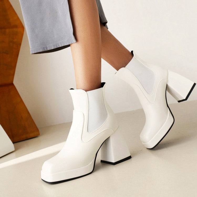 Women Pu Leather Square Toe Patchwork Block Heel Platform Short Boots