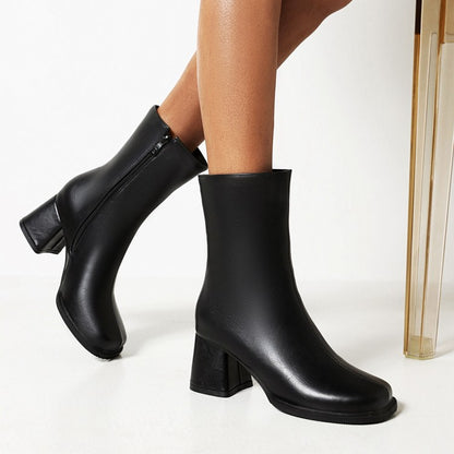 Women Pu Leather Round Toe Side Zippers Block Heel Short Boots