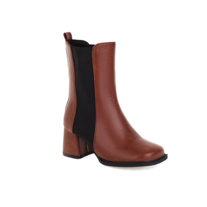 Women Pu Leather Square Toe Bicolor Block Heel Short Boots