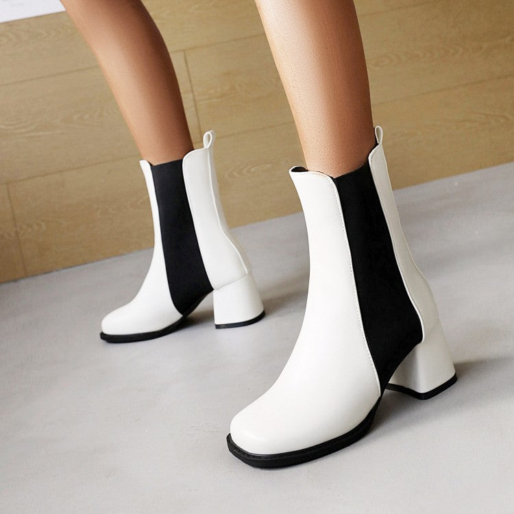 Women Pu Leather Square Toe Bicolor Block Heel Short Boots