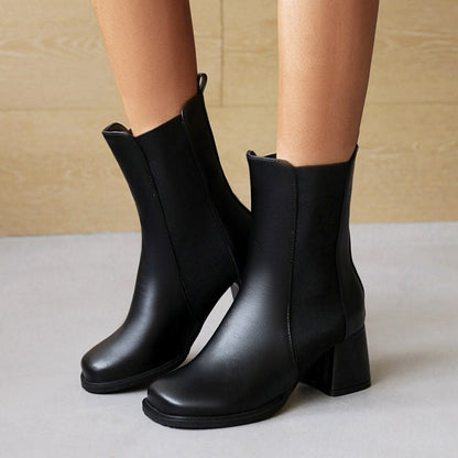 Women Pu Leather Square Toe Bicolor Block Heel Short Boots