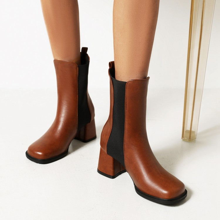 Women Pu Leather Square Toe Bicolor Block Heel Short Boots