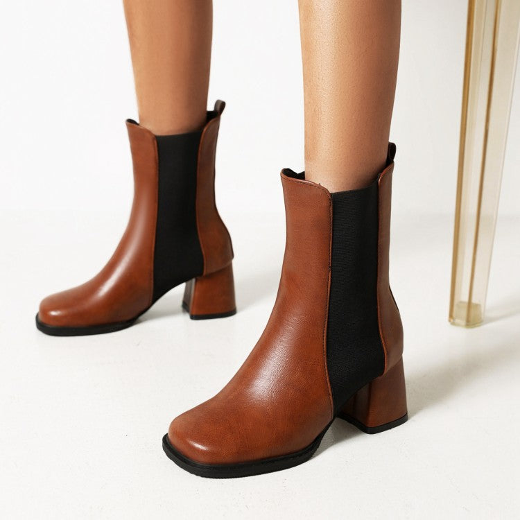 Women Pu Leather Square Toe Bicolor Block Heel Short Boots