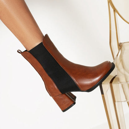 Women Pu Leather Square Toe Bicolor Block Heel Short Boots