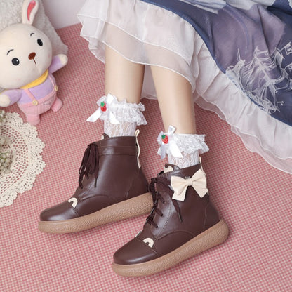 Women Lace Up Bowtie Flat Ankle Boots