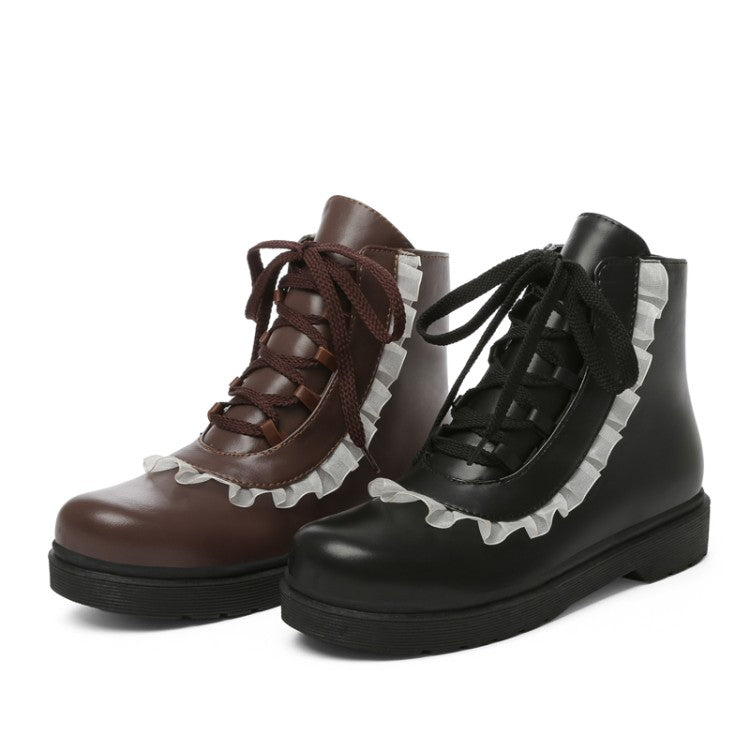 Women Pu Leather Lolita Lace Up Flat Ankle Boots