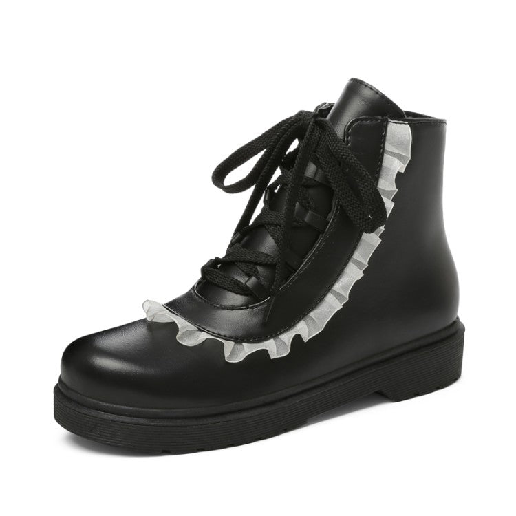 Women Pu Leather Lolita Lace Up Flat Ankle Boots