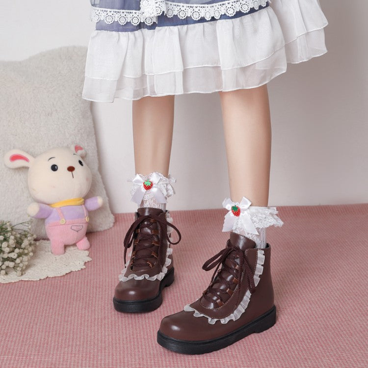 Women Pu Leather Lolita Lace Up Flat Ankle Boots