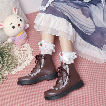 Women Pu Leather Lolita Lace Up Flat Ankle Boots