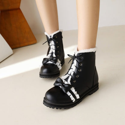 Women Bowtie Lace Low Heel Short Snow Boots