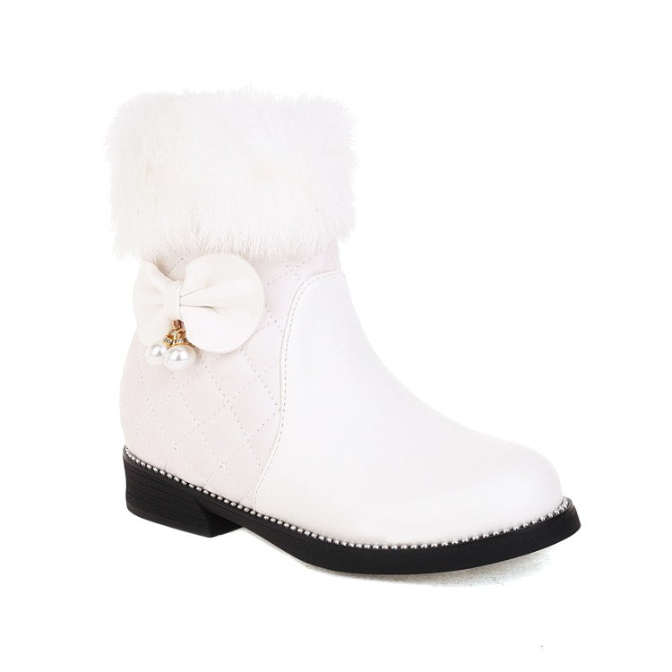 Lattice Pu Leather Furry Pearls Bow Tie Short Boots for Women