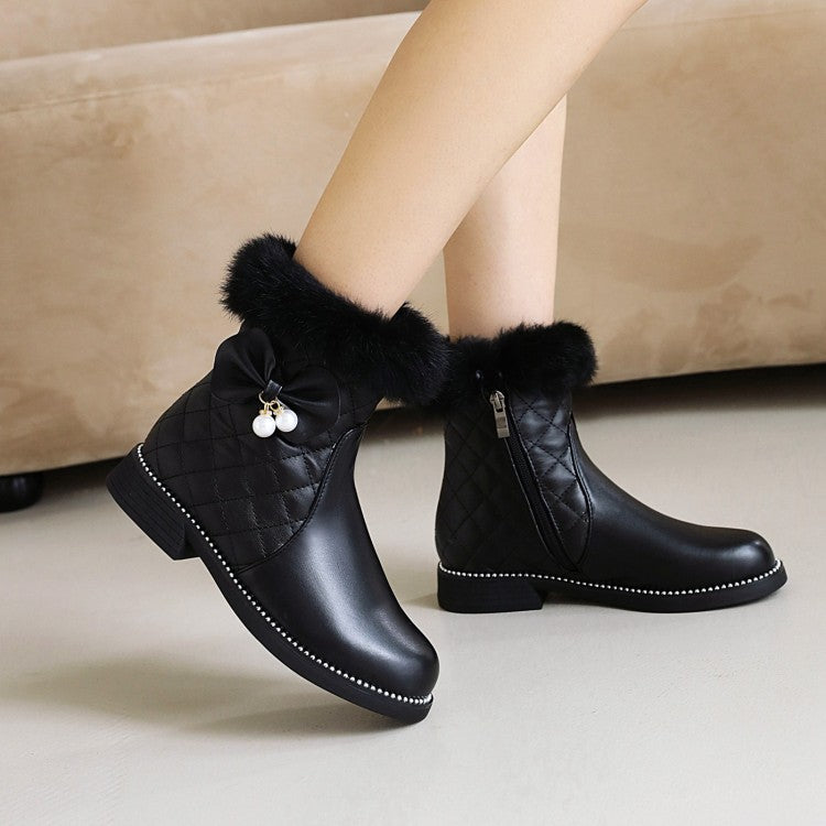 Lattice Pu Leather Furry Pearls Bow Tie Short Boots for Women