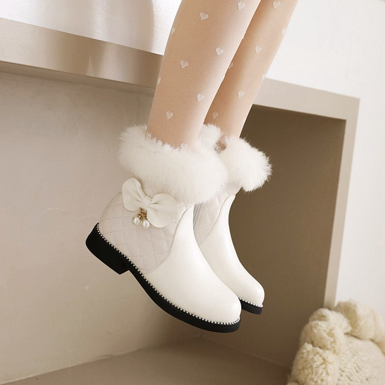 Lattice Pu Leather Furry Pearls Bow Tie Short Boots for Women