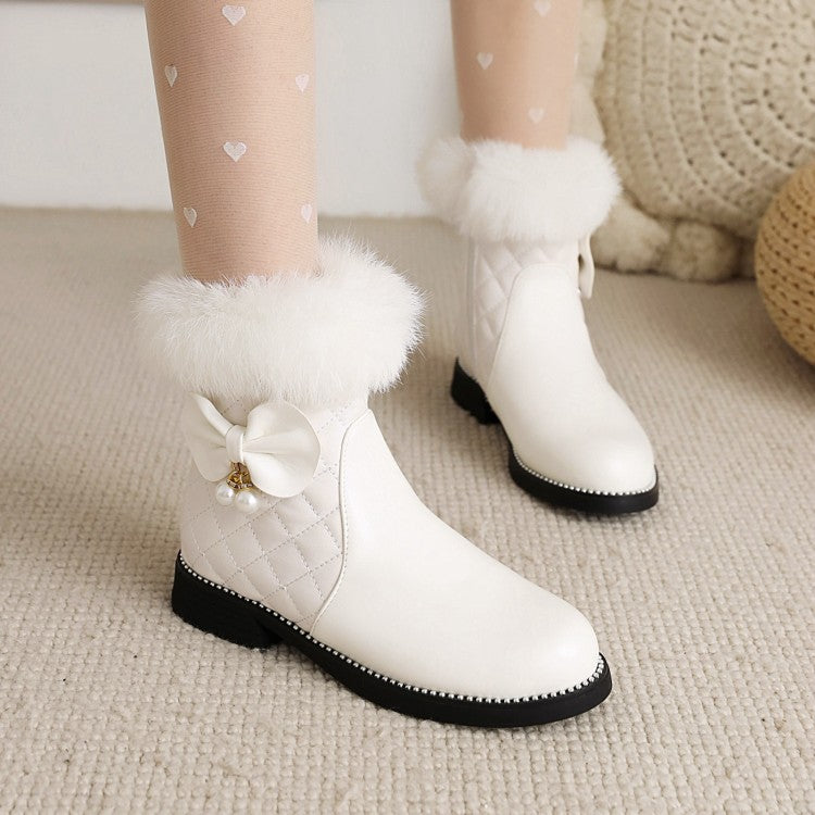 Lattice Pu Leather Furry Pearls Bow Tie Short Boots for Women