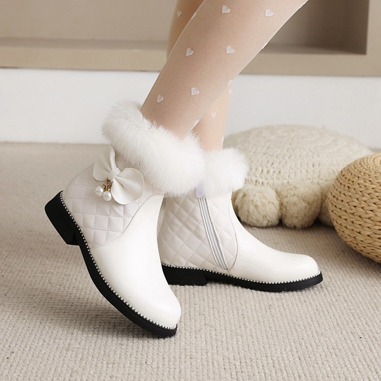 Lattice Pu Leather Furry Pearls Bow Tie Short Boots for Women