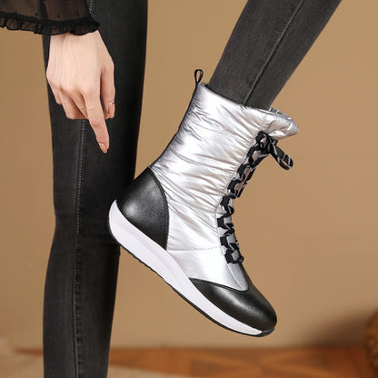 Women Leather Wedges Heels Winter Down Mid Calf Snow Boots