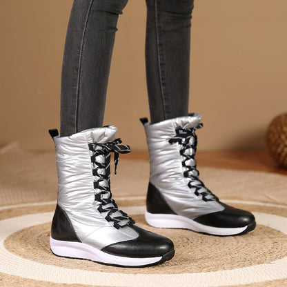 Women Leather Wedges Heels Winter Down Mid Calf Snow Boots