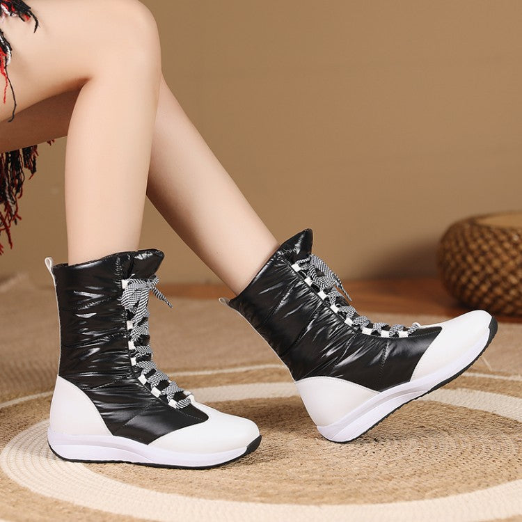 Women Leather Wedges Heels Winter Down Mid Calf Snow Boots