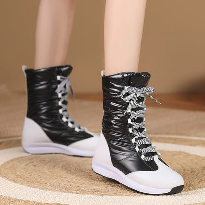 Women Leather Wedges Heels Winter Down Mid Calf Snow Boots