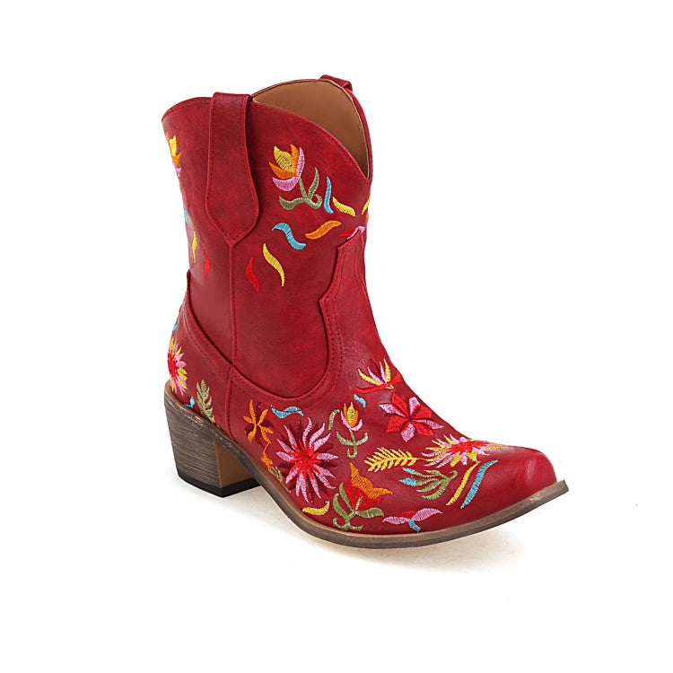 Women Ethnic Embroidery Block Heel Cowboy Short Boots