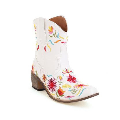 Women Ethnic Embroidery Block Heel Cowboy Short Boots