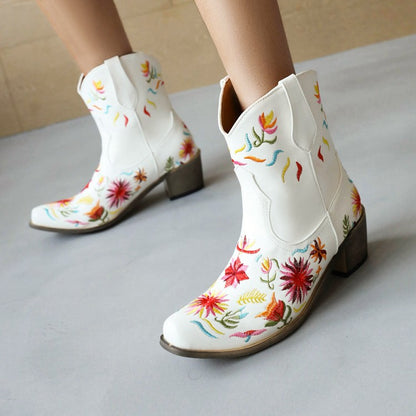 Women Ethnic Embroidery Block Heel Cowboy Short Boots