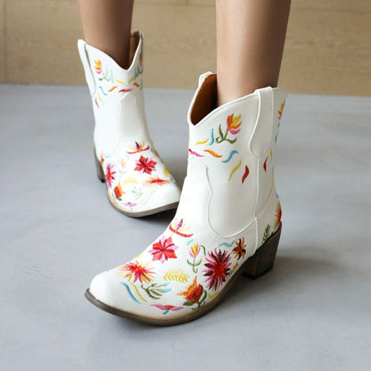 Women Ethnic Embroidery Block Heel Cowboy Short Boots