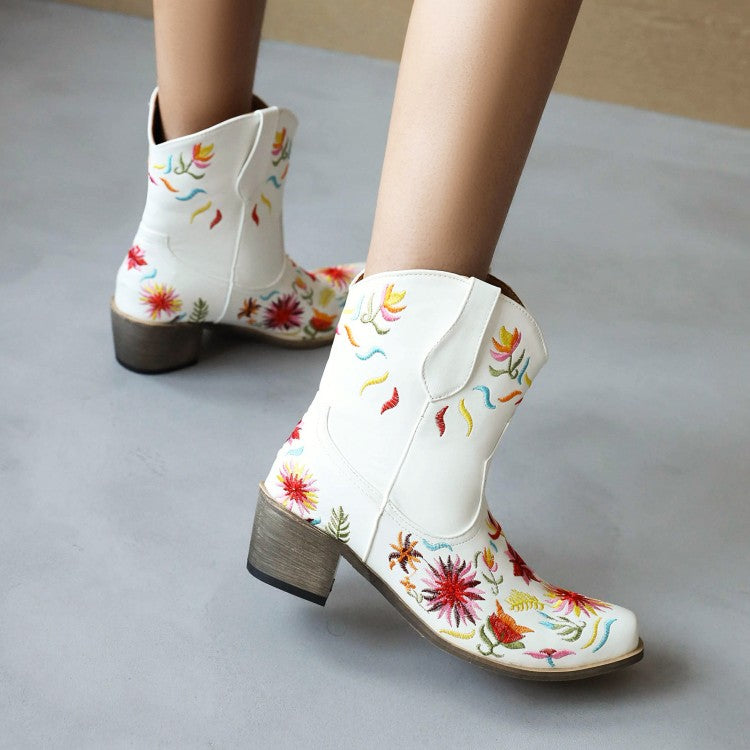 Women Ethnic Embroidery Block Heel Cowboy Short Boots