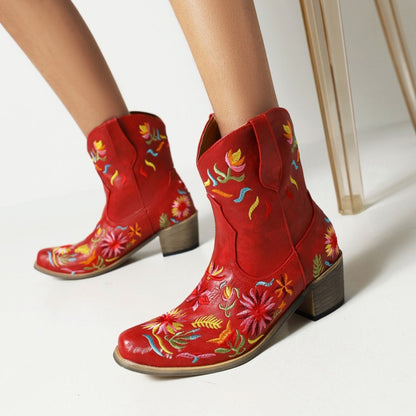 Women Ethnic Embroidery Block Heel Cowboy Short Boots