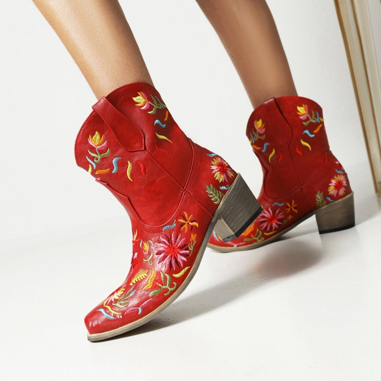 Women Ethnic Embroidery Block Heel Cowboy Short Boots