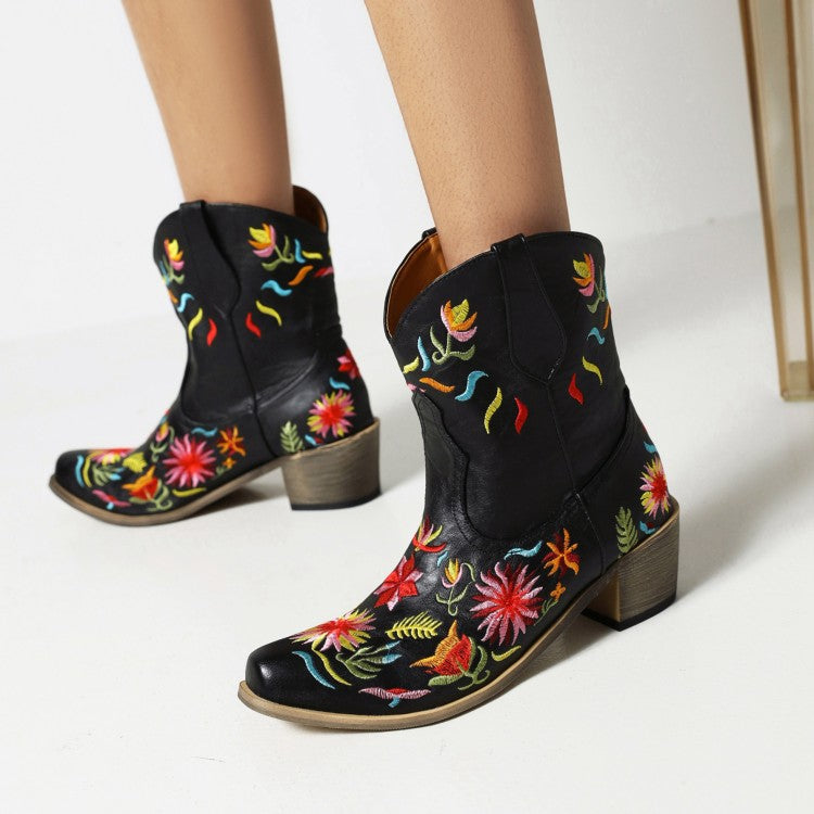 Women Ethnic Embroidery Block Heel Cowboy Short Boots